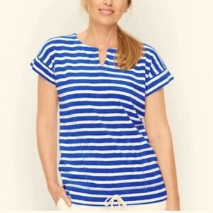 Talbots Blue & White Striped Terrycloth Short Sleeve Top Drawstring Hem, XL